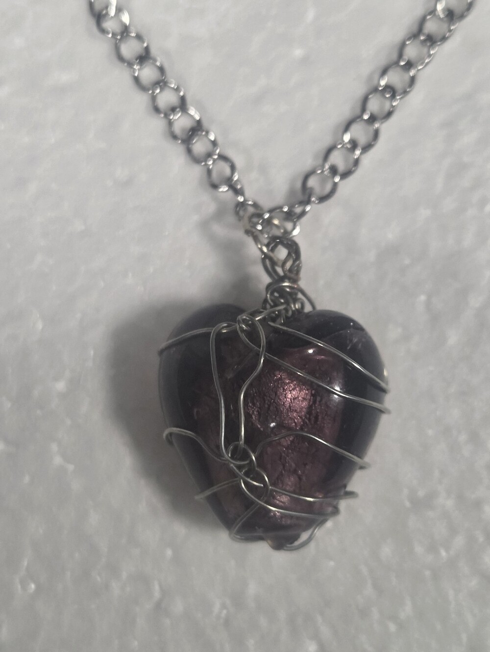 Handcrafted Silver Wire Wrapped Purple Heart Shaped Stone Necklace